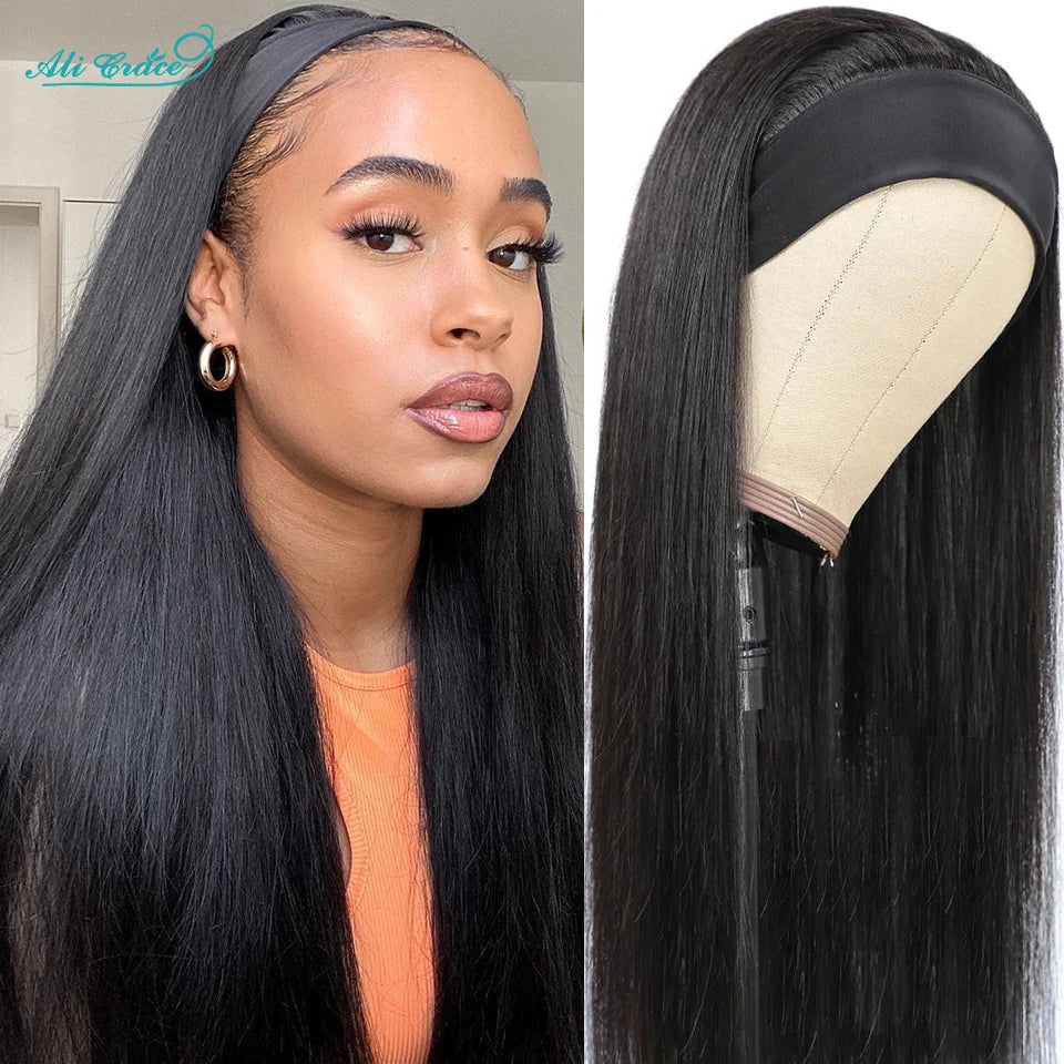 Ali Grace Glueless Wigs Straight Human Hair Wigs for Women Headband Hair Wigs With Adjustable Bangs Brazilian Straight Hair Wigs