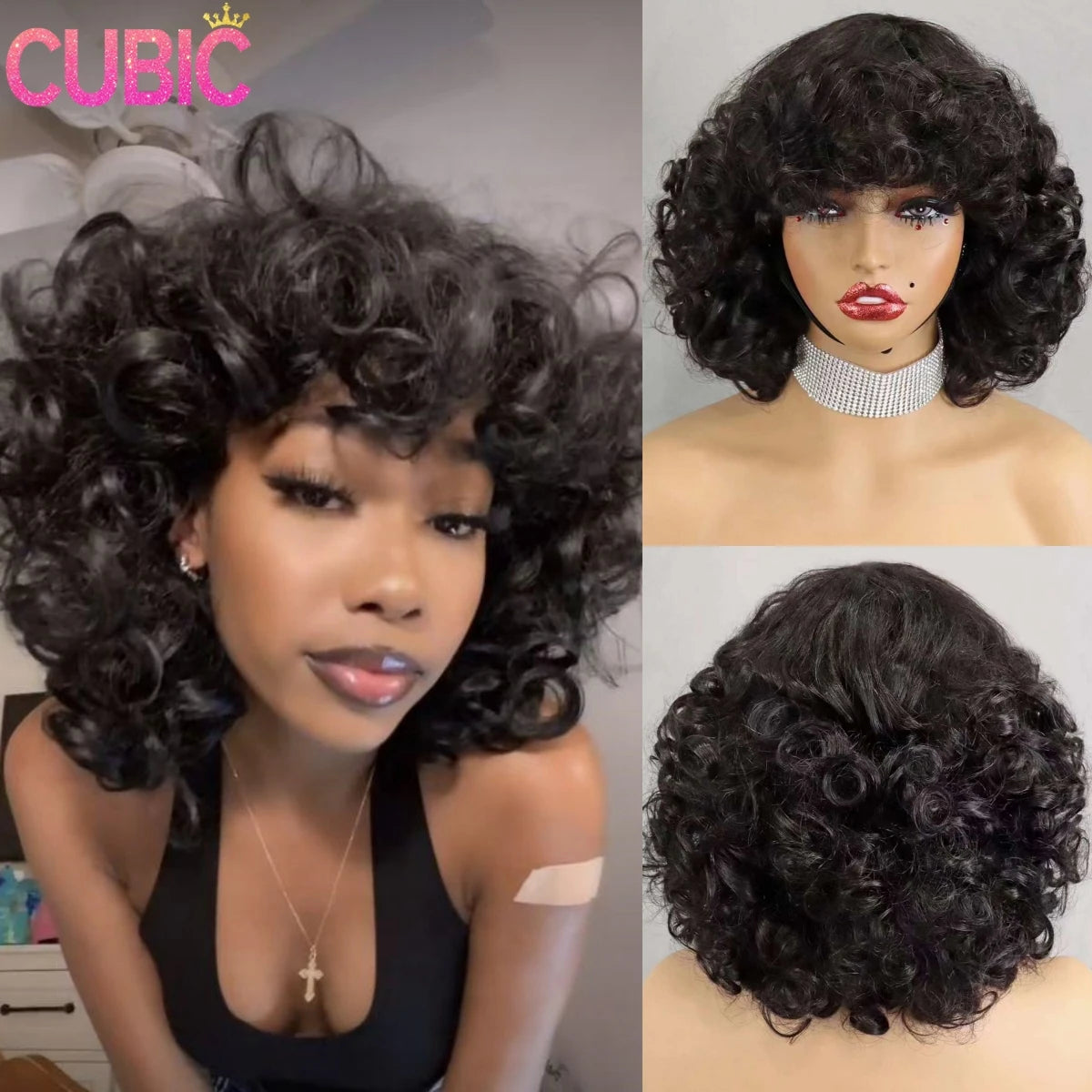 200% Density Bouncy Curly Human Hair Wigs Deep Loose Wave Full Machine Hair Wigs Natural 6 Inch Brazilian Remy Human Hair Wigs