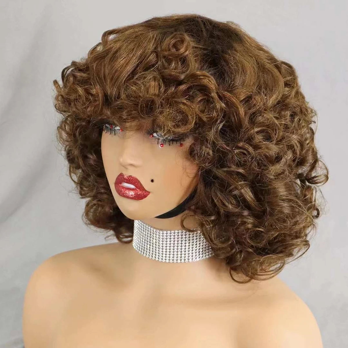 200% Density Bouncy Curly Human Hair Wigs Deep Loose Wave Full Machine Hair Wigs Natural 6 Inch Brazilian Remy Human Hair Wigs