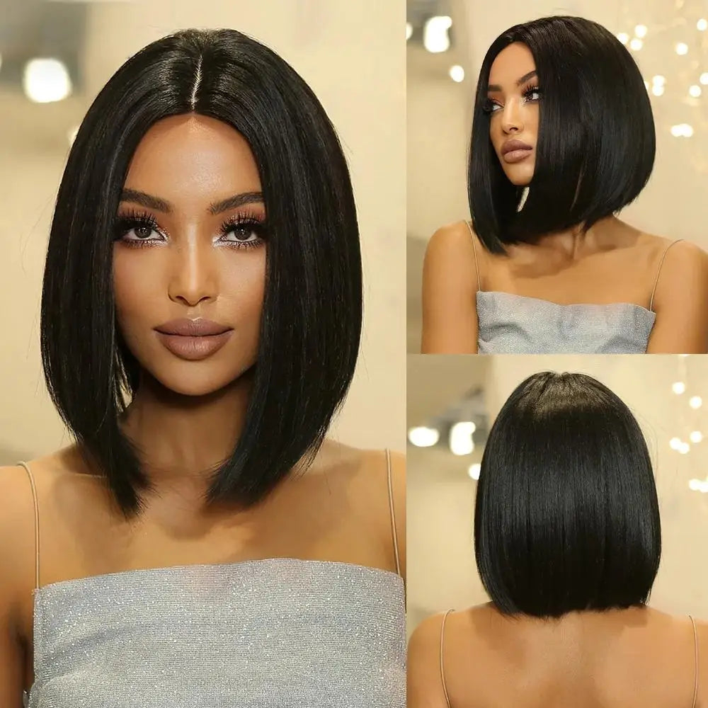 Short hair synthetic wig with side parting, locks around the collarbone, hair made of high-temperature fibers, full head cover.
