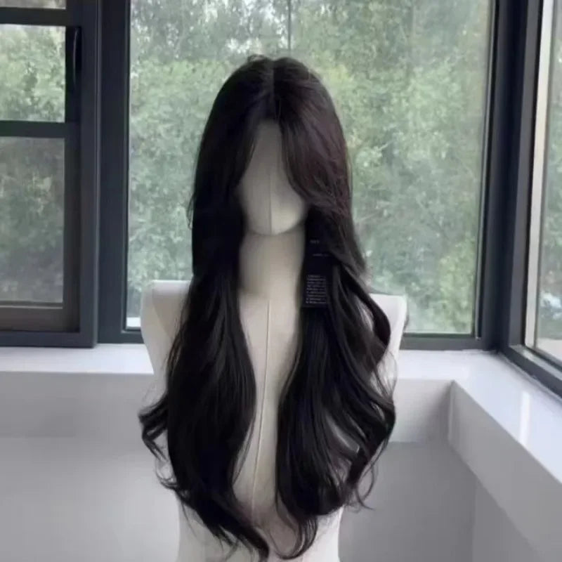 women's long hair black simulated hair new fashionable and versatile eight character bangs lazy curly hair wig