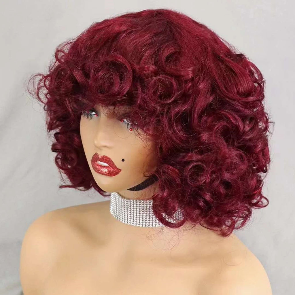 200% Density Bouncy Curly Human Hair Wigs Deep Loose Wave Full Machine Hair Wigs Natural 6 Inch Brazilian Remy Human Hair Wigs