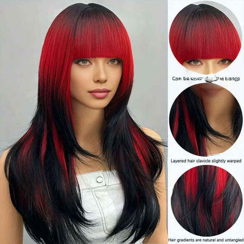 Wigs for women long straight hair heat-resistant synthetic fiber 25 inches black and red abalone head with bangs full wig