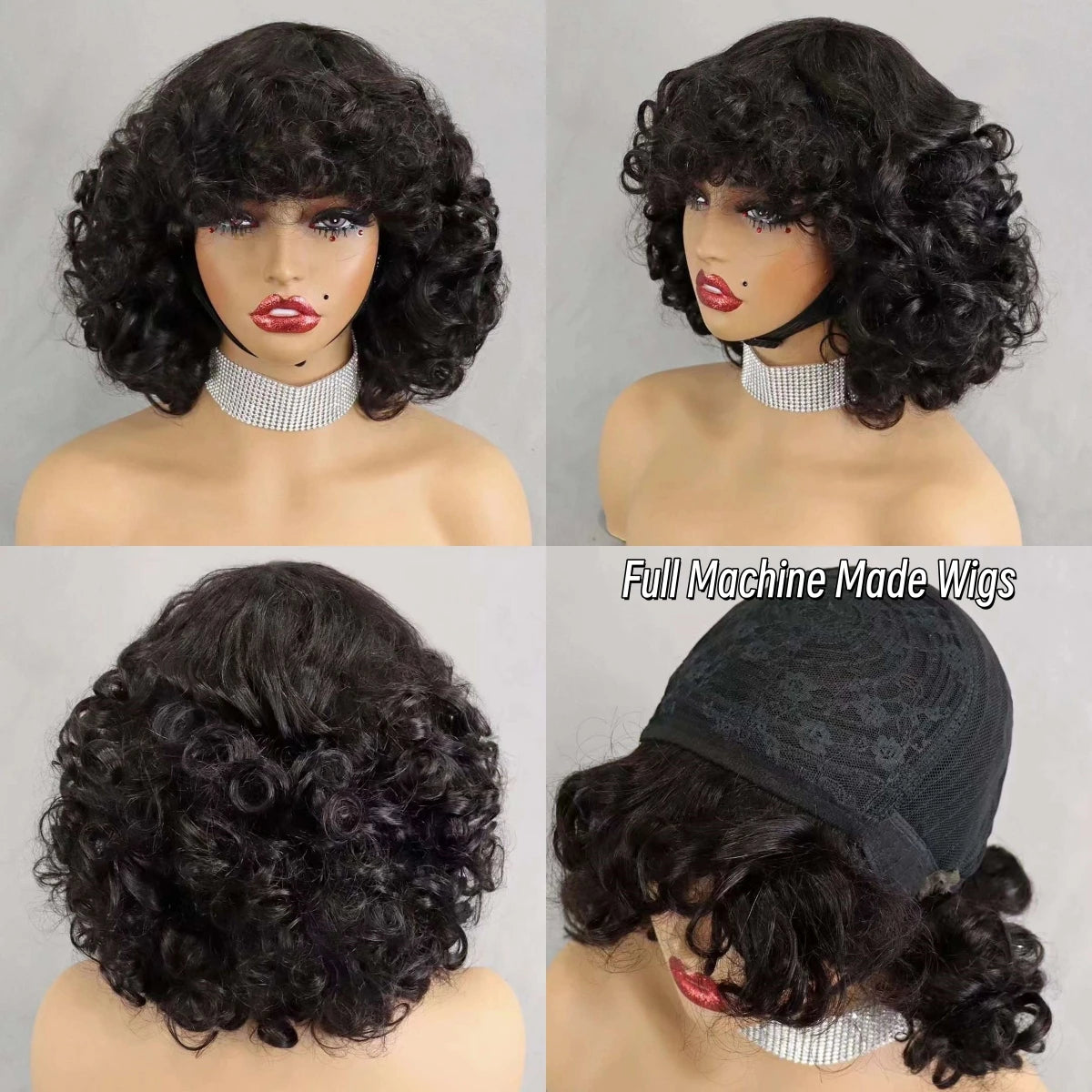 200% Density Bouncy Curly Human Hair Wigs Deep Loose Wave Full Machine Hair Wigs Natural 6 Inch Brazilian Remy Human Hair Wigs