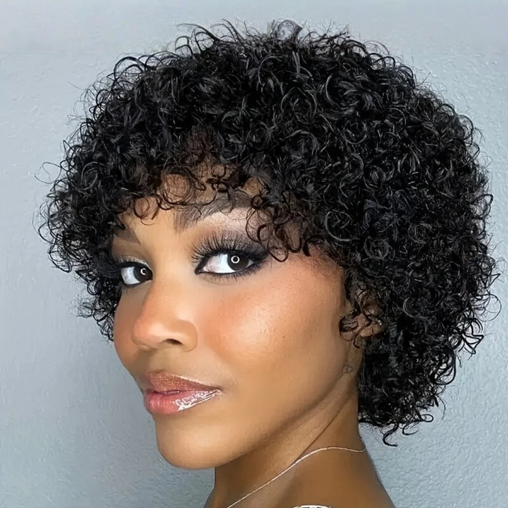 Human Hair Wig Looking Pixie Cut with Bangs Afro Kinky Curly wig  Full Machine Made For Wome