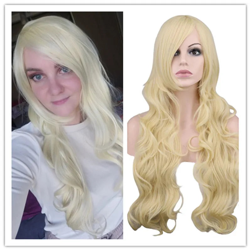 Long Wavy Cosplay Wigs For Women Party Costume Black White Red Pink Blue Blonde Orange Synthetic Hair Wigs with Bangs